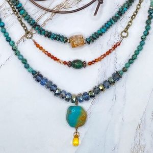 Turquoise & Crystal Beaded 3 Strand Necklace on Leather